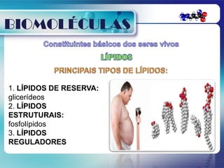 BIOMOLÉCULAS



1. LÍPIDOS DE RESERVA:
glicerídeos
2. LÍPIDOS
ESTRUTURAIS:
fosfolípidos
3. LÍPIDOS
REGULADORES
 