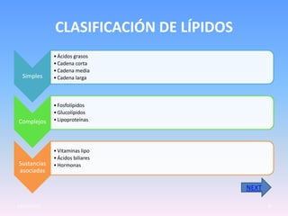 CLASIFICACIÓN DE LÍPIDOS
             • Ácidos grasos
             • Cadena corta
             • Cadena media
  Simples    • Cadena larga



             • Fosfolípidos
             • Glucolípidos
Complejos    • Lipoproteínas




             • Vitaminas lipo
             • Ácidos biliares
Sustancias   • Hormonas
asociadas

                                        NEXT

23/05/2012                                     8
 