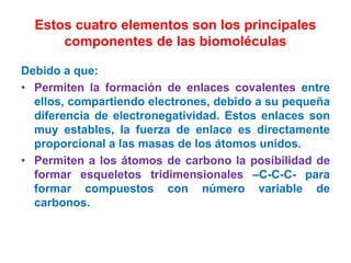 Estos cuatro elementos son los principales
componentes de las biomoléculas
Debido a que:
• Permiten la formación de enlaces covalentes entre
ellos, compartiendo electrones, debido a su pequeña
diferencia de electronegatividad. Estos enlaces son
muy estables, la fuerza de enlace es directamente
proporcional a las masas de los átomos unidos.
• Permiten a los átomos de carbono la posibilidad de
formar esqueletos tridimensionales –C-C-C- para
formar compuestos con número variable de
carbonos.
 