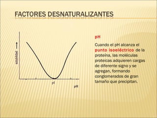 pH Cuando el pH alcanza el  punto isoeléctrico  de la proteína, las moléculas proteicas adquieren cargas de diferente signo y se agregan, formando conglomerados de gran tamaño que precipitan. 