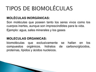 MOLÉCULAS INORGÁNICAS:
Son moléculas que poseen tanto los seres vivos como los
cuerpos inertes, aunque son imprescindibles para la vida.
Ejemplo: agua, sales minerales y los gases
MOLECULAS ORGANICAS:
biomoléculas que exclusivamente se hallan en los
compuestos orgánicos. hidratos de carbono/glúcidos,
proteínas, lípidos y ácidos nucleicos.
 