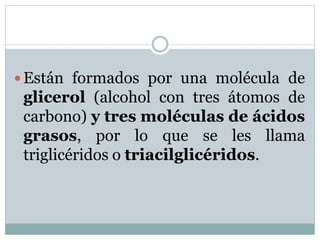 Están formados por una molécula de
glicerol (alcohol con tres átomos de
carbono) y tres moléculas de ácidos
grasos, por lo que se les llama
triglicéridos o triacilglicéridos.
 