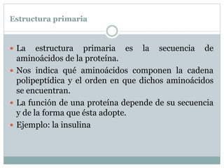 Estructura primaria
 La estructura primaria es la secuencia de
aminoácidos de la proteína.
 Nos indica qué aminoácidos componen la cadena
polipeptídica y el orden en que dichos aminoácidos
se encuentran.
 La función de una proteína depende de su secuencia
y de la forma que ésta adopte.
 Ejemplo: la insulina
 