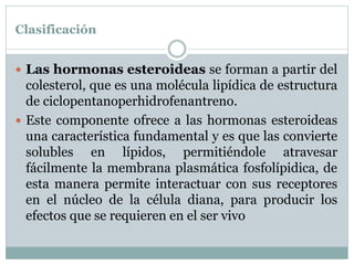 Clasificación
 Las hormonas esteroideas se forman a partir del
colesterol, que es una molécula lipídica de estructura
de ciclopentanoperhidrofenantreno.
 Este componente ofrece a las hormonas esteroideas
una característica fundamental y es que las convierte
solubles en lípidos, permitiéndole atravesar
fácilmente la membrana plasmática fosfolípidica, de
esta manera permite interactuar con sus receptores
en el núcleo de la célula diana, para producir los
efectos que se requieren en el ser vivo
 