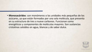 • Monosacáridos: son monómeros o las unidades más pequeñas de los
azúcares, ya que están formados por una sola molécula, que presenta
en su estructura de tres a nueve carbonos. Funcionan como
energéticos y componentes de moléculas mayores. Son sustancias
cristalinas solubles en agua, blancas y de sabor dulce.
 