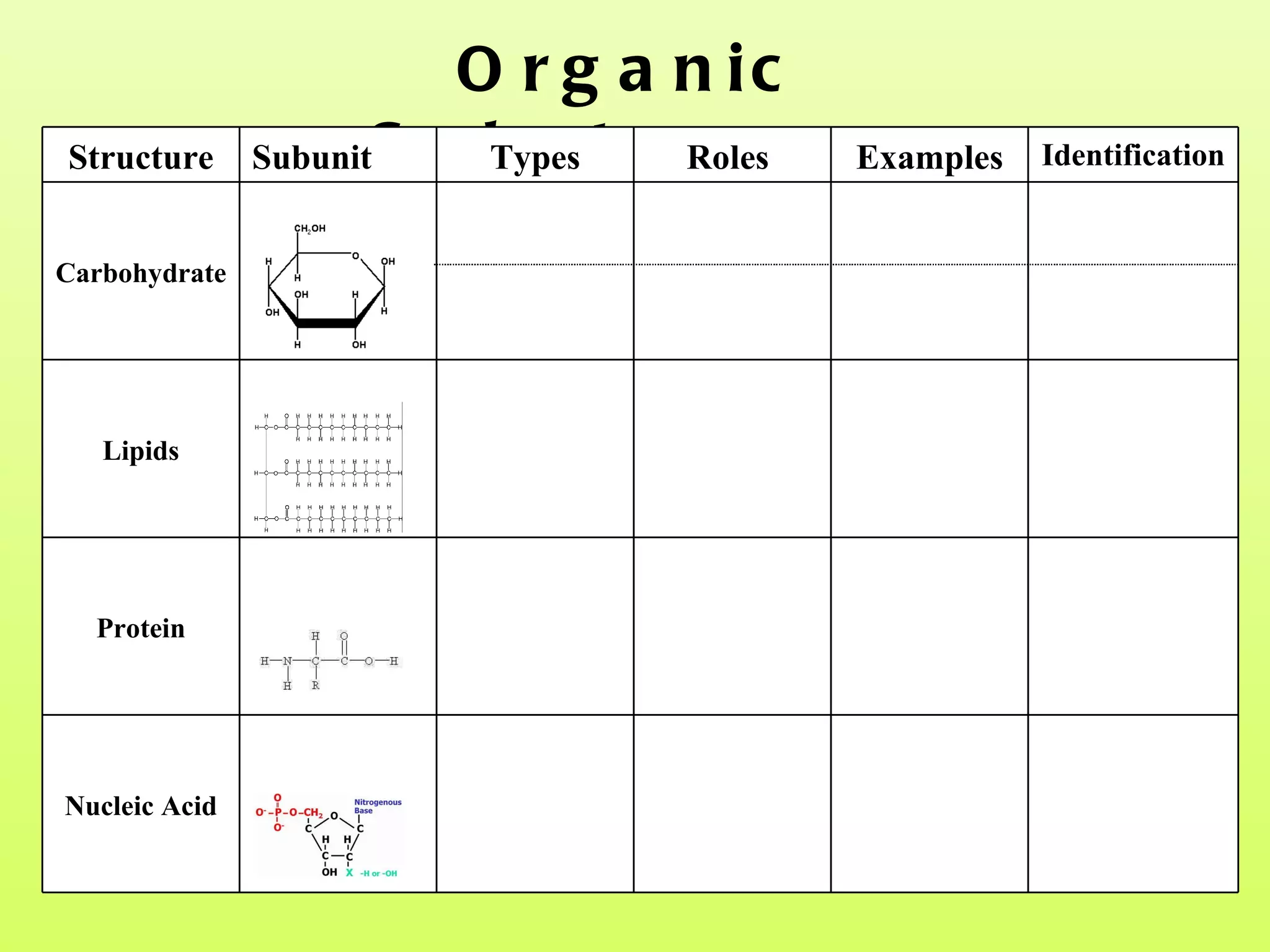 Organic Substances Structure Subunit Types Roles  Examples Identification Carbohydrate Lipids Protein Nucleic Acid 