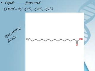 • Lipids      fatty acid
  COOH – R ( -CH3 , -C2H5 , -CH2)
 