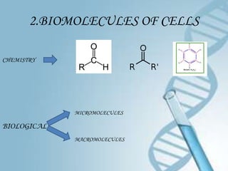2.BIOMOLECULES OF CELLS

CHEMISTRY




             MICROMOLECULES

BIOLOGICAL
             MACROMOLECULES
 