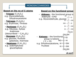 MONOSACCHARIDES

Based on the no of C-atoms       Based on the functional group
 - Trioses (C3H6O3)            - Aldoses : the functional group is
 e.g. Glyceraldehyde,             Aldehyde –CHO
      Dihydroxyacetone         e.g. Glyceraldehyde, glucose
 - Tetroses (C4H8O4)
 e.g. Erythrose, Threose
 - Pentoses (C5H10O5)
 e.g. Ribulose, Xylose
       Arabinose
 (deoxyribose – C5H10O4)
 - Hexoses (C6H12O6)         - Ketoses : the functional
 e.g. glucose, fructose              group is ketone
      galactose, mannose            ( C = O)
 - Heptoses (C7H14O7)        e.g. Dihydroxyacetone,
 e.g. sedoheptulose               fructose
       glucoheptose

                                                          dr.aarif
 