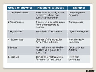 Group of Enzymes      Reactions catalysed              Examples
1. Oxidoreductases   Transfer of O2 or H2 atoms     Dehydrogenase
                     or electrons from one          Oxidases
                     substrate to another

2.Transferases       Transfer of a specific group   Transaminase
                     from one substrate to
                     another

3.Hydrolases         Hydrolysis of a substrate      Digestive enzymes


4. Isomerases        Change of the molecular        Phospho Hexo
                     form of the substrate          isomerase

5.Lyases             Non hydrolytic removal or      Decarboxylase
                     addition of a group to a       Aldolase
                     substrate

6. Ligases           Joining of 2 molecules by      Citric acid
                     formation of new bonds         synthetase




                                                                    dr.aarif
 