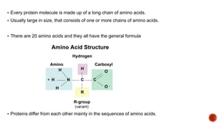 Every protein molecule is made up of a long chain of amino acids.
 Usually large in size, that consists of one or more chains of amino acids.
 There are 20 amino acids and they all have the general formula
 Proteins differ from each other mainly in the sequences of amino acids.
 