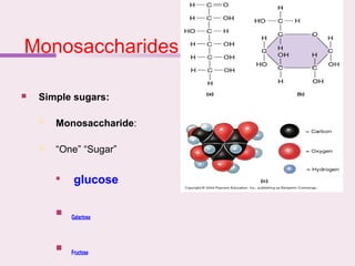 Monosaccharides
 Simple sugars:
 Monosaccharide:
 “One” “Sugar”

glucose

Galactose

Fructose
 