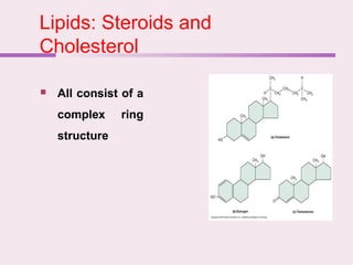 Lipids: Steroids and
Cholesterol
 All consist of a
complex ring
structure
 