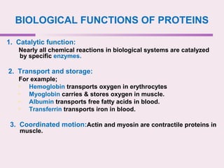 BIOLOGICAL FUNCTIONS OF PROTEINS
1. Catalytic function:
Nearly all chemical reactions in biological systems are catalyzed
by specific enzymes.
2. Transport and storage:
For example;
 Hemoglobin transports oxygen in erythrocytes
 Myoglobin carries & stores oxygen in muscle.
 Albumin transports free fatty acids in blood.
 Transferrin transports iron in blood.
3. Coordinated motion:Actin and myosin are contractile proteins in
muscle.
 