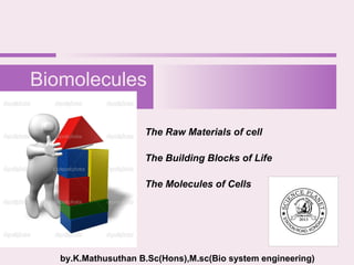 The Raw Materials of cell
The Building Blocks of Life
The Molecules of Cells
Biomolecules
by.K.Mathusuthan B.Sc(Hons),M.sc(Bio system engineering)
 