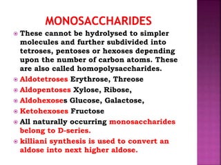  These cannot be hydrolysed to simpler
molecules and further subdivided into
tetroses, pentoses or hexoses depending
upon the number of carbon atoms. These
are also called homopolysaccharides.
 Aldotetroses Erythrose, Threose
 Aldopentoses Xylose, Ribose,
 Aldohexoses Glucose, Galactose,
 Ketohexoses Fructose
 All naturally occurring monosaccharides
belong to D-series.
 killiani synthesis is used to convert an
aldose into next higher aldose.
 