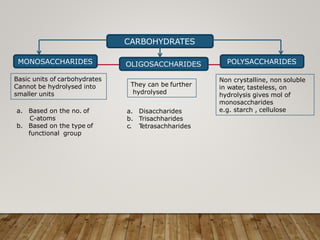 CARBOHYDRATES
MONOSACCHARIDES OLIGOSACCHARIDES POLYSACCHARIDES
Basic units of carbohydrates
Cannot be hydrolysed into
smaller units
They can be further
hydrolysed
Non crystalline, non soluble
in water, tasteless, on
hydrolysis gives mol of
monosaccharides
e.g. starch , cellulose
a. Based on the no. of
C-atoms
b. Based on the type of
functional group
a. Disaccharides
b. Trisachharides
c. T
etrasachharides
 