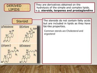 DERIVED
LIPIDS
• They are made up of 4
fused carbon rings
• Cholesterol, Vit D,
testosterone,
adrenocortical
hormones.
• The most common steroids
are
• STEROLS.
They are derivatives obtained on the
hydrolysis of the simple and complex lipids.
e.g. steroids, terpenes and prostaglandins
Steroid The steroids do not contain fatty acids
but are included in lipids as they have
fat-like properties.
Common sterols are Cholesterol and
ergosterol
 
