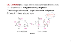 (iii) Lactose: (milk sugar since this disaccharide is found in milk)
 It is composed of β-D-galactose and β-D-glucose.
 The linkage is between C1 of galactose and C4 of glucose.
 Hence it is also a reducing sugar.
Free anomeric C,
Reducing sugar
32
 