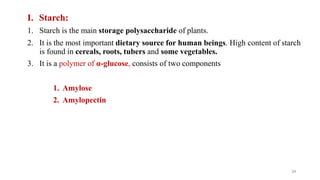 34
I. Starch:
1. Starch is the main storage polysaccharide of plants.
2. It is the most important dietary source for human beings. High content of starch
is found in cereals, roots, tubers and some vegetables.
3. It is a polymer of α-glucose, consists of two components
1. Amylose
2. Amylopectin
 