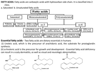 HO
O
Oleic acid Linolenic acid
HO
O
Linoleic acid
HO
O
FATTY ACIDS: Fatty acids are carboxylic acids with hydrocarbon side chain. It is classified into 2
class.
a. Saturated b. Unsaturated fatty acids
Essential fatty acids - Two fatty acids are dietary essentials in humans
(i) Linoleic acid, which is the precursor of arachidonic acid, the substrate for prostaglandin
synthesis.
(ii) α-linolenic acid is the precursor for growth and development - Essential fatty acid deficiency
can result in a scaly dermatitis, as well as visual and neurologic abnormalities.
 