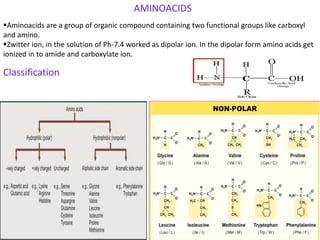 AMINOACIDS
Aminoacids are a group of organic compound containing two functional groups like carboxyl
and amino.
Zwitter ion, in the solution of Ph-7.4 worked as dipolar ion. In the dipolar form amino acids get
ionized in to amide and carboxylate ion.
Classification
 