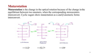 Mutarotation
Mutarotation is the change in the optical rotation because of the change in the
equilibrium between two anomers, when the corresponding stereocenters
interconvert. Cyclic sugars show mutarotation as α and β anomeric forms
interconvert.
=+112o =+52.7o =+19o
24
 
