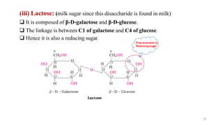 (iii) Lactose: (milk sugar since this disaccharide is found in milk)
❑ It is composed of β-D-galactose and β-D-glucose.
❑ The linkage is between C1 of galactose and C4 of glucose.
❑ Hence it is also a reducing sugar.
Free anomeric C,
Reducing sugar
32
 