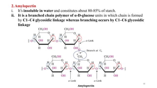 2.Amylopectin
i. It’s insoluble in water and constitutes about 80-85% of starch.
ii. It is a branched chain polymer of α-D-glucose units in which chain is formed
by C1–C4 glycosidic linkage whereas branching occurs by C1–C6 glycosidic
linkage
36
 