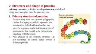 ➢ Structure and shape of proteins
primary, secondary, tertiary and quaternary, each level
being more complex than the previous one.
1. Primary structure of proteins:
i. Proteins may have one or more polypeptide
chains. Each polypeptide in a protein has
amino acids linked with each other in a
specific sequence and it is this sequence of
amino acids that is said to be the primary
structure of that protein.
ii. Any change in this primary structure i.e.,
the sequence of amino acids creates a
different protein.
55
 