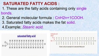 SATURATED FATTY ACIDS :
1. These are the fatty acids containing only single
bonds.
2. General molecular formula : CnH2n+1COOH.
3. Saturated fatty acids makes the fat solid.
4.Example: Stearic acid.
... ... ... ... ... .. ... ... .
 