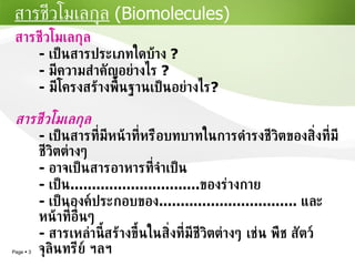สารชีวโมเลกุล   -  เป็นสารประเภทใดบ้าง  ? -  มีความสำคัญอย่างไร   ? -   มีโครงสร้างพื้นฐานเป็นอย่างไร ? สารชีวโมเลกุล   -  เป็นสารที่มีหน้าที่หรือบทบาทในการดำรงชีวิตของสิ่งที่มีชีวิตต่างๆ  -  อาจเป็นสารอาหารที่จำเป็น -  เป็น .............................. ของร่างกาย  -  เป็นองค์ประกอบของ ................................  และหน้าที่อื่นๆ  -  สารเหล่านี้สร้างขึ้นในสิ่งที่มีชีวิตต่างๆ เช่น พืช สัตว์ จุลินทรีย์ ฯลฯ สารชีวโมเลกุล   (Biomolecules) 