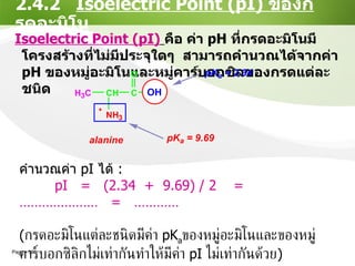 2.4.2  Isoelectric Point (pI)   ของกรดอะมิโน Isoelectric Point (pI)   คือ ค่า  pH  ที่กรดอะมิโนมีโครงสร้างที่ไม่มีประจุใดๆ  สามารถคำนวณได้จากค่า  pH  ของหมู่อะมิโนและหมู่คาร์บอกซิลของกรดแต่ละชนิด คำนวณค่า  pI  ได้  : pI  =  (2.34  +  9.69) / 2  =  …………………  =  ………… ( กรดอะมิโนแต่ละชนิดมีค่า  pK a ของหมู่อะมิโนและของหมู่คาร์บอกซิลิกไม่เท่ากันทำให้มีค่า  pI   ไม่เท่ากันด้วย ) 