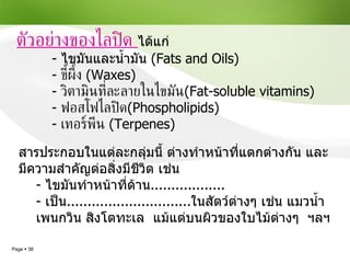 ตัวอย่างของไลปิด  ได้แก่  -  ไขมันและน้ำมัน  (Fats and Oils) -  ขี้ผึ้ง  (Waxes) -  วิตามินที่ละลายในไขมัน (Fat-soluble vitamins) -  ฟอสโฟไลปิด (Phospholipids) -  เทอร์พีน  (Terpenes) สารประกอบในแต่ละกลุ่มนี้ ต่างทำหน้าที่แตกต่างกัน และมีความสำคัญต่อสิ่งมีชีวิต เช่น  ไขมันทำหน้าที่ด้าน ..................  เป็น .............................. ในสัตว์ต่างๆ เช่น แมวน้ำ เพนกวิน สิงโตทะเล  แม้แต่บนผิวของใบไม้ต่างๆ  ฯลฯ 