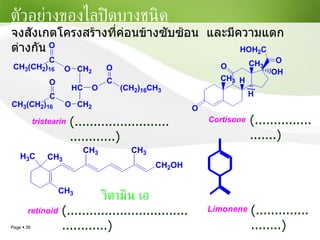 ตัวอย่างของไลปิดบางชนิด จงสังเกตโครงสร้างที่ค่อนข้างซับซ้อน  และมีความแตกต่างกัน (......................) (......................) วิตามิน เอ (............................................) (.....................................) 
