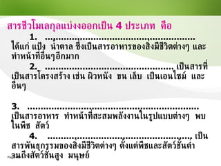 สารชีวโมเลกุลแบ่งงออกเป็น   4   ประเภท  คือ 1.   ........................................................  ได้แก่ แป้ง  น้ำตาล ซึ่งเป็นสารอาหารของสิ่งมีชีวิตต่างๆ และทำหน้าที่อื่นๆอีกมาก 2.  ................................................   เป็นสารที่เป็นสารโครงสร้าง เช่น ผิวหนัง  ขน เล็บ  เป็นเอนไซม์  และอื่นๆ 3.   ................................................................   เป็นสารอาหาร  ทำหน้าที่สะสมพลังงานในรูปแบบต่างๆ  พบในพืช  สัตว์ 4.  ......................................................   เป็นสารพันธุกรรมของสิ่งมีชีวิตต่างๆ ตั้งแต่พืชและสัตว์ชั้นต่ำ จนถึงสัตว์ชั้นสูง  มนุษย์ 