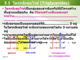 3.1  ไตรกลีเซอไรด์   (Triglycerides) ไตรกลีเซอไรด์ เป็นกลุ่มของสารอินทรีย์ที่มีโครงสร้างพื้นฐานเหมือนกัน  คือ  มีโครงสร้างเป็นเอสเทอร์ระหว่าง ............................................................................. ........................................................... กลีเซอรอลเป็นแอลกอฮอล์ที่มี .........................  3   หมู่  ในไตรกลีเซอไรด์ จะมีหน่วยของกรดไขมัน  3   หน่วยต่ออยู่ หน่วยของกรดไขมันแต่ละหน่วยอาจไม่เหมือนกันก็ได้ ไขมันเป็นของแข็ง  ( ส่วนมากได้จากสัตว์ )  น้ำมันเป็นของเหลว  ( ได้จากพืชต่างๆ ) 