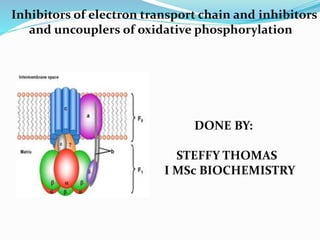 Inhibitors of electron transport chain and inhibitors
and uncouplers of oxidative phosphorylation
DONE BY:
STEFFY THOMAS
I MSc BIOCHEMISTRY
 