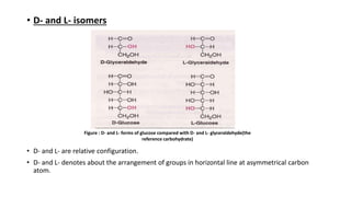 • D- and L- isomers
• D- and L- are relative configuration.
• D- and L- denotes about the arrangement of groups in horizontal line at asymmetrical carbon
atom.
Figure : D- and L- forms of glucose compared with D- and L- glyceraldehyde(the
reference carbohydrate)
 
