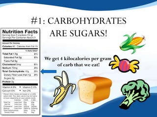 #1: CARBOHYDRATES
ARE SUGARS!
We get 4 kilocalories per gram
of carb that we eat!
 