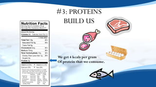 #3: PROTEINS
BUILD US
We get 4 kcals per gram
Of protein that we consume.
 