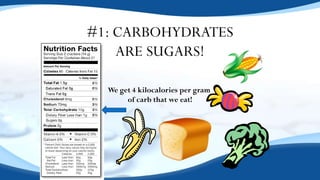 #1: CARBOHYDRATES
ARE SUGARS!
We get 4 kilocalories per gram
of carb that we eat!
 