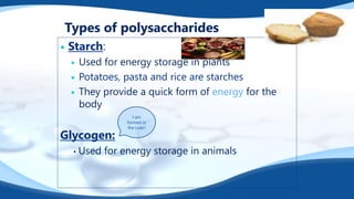 Types of polysaccharides
 Starch:
 Used for energy storage in plants
 Potatoes, pasta and rice are starches
 They provide a quick form of energy for the
body
Glycogen:
• Used for energy storage in animals
I am
formed in
the Liver!
 