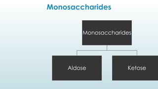 Monosaccharides
Monosaccharides
Aldose Ketose
 