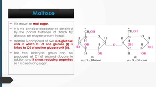  It is known as malt sugar.
 It is the principal disaccharide obtained
by the partial hydrolysis of starch by
diastase, an enzyme present in malt.
 maltose is composed of two 𝛼-D-glucose
units in which C1 of one glucose (I) is
linked to C4 of another glucose unit (II).
 The free aldehyde group can be
produced at C1 of second glucose in
solution and it shows reducing properties
so it is a reducing sugar.
Maltose
 