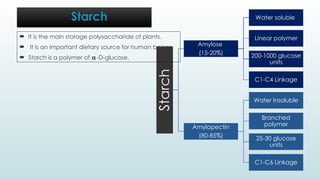 Starch
Amylose
(15-20%)
Water soluble
Linear polymer
200-1000 glucose
units
C1-C4 Linkage
Amylopectin
(80-85%)
Water Insoluble
Branched
polymer
25-30 glucose
units
C1-C6 Linkage
Starch
 It is the main storage polysaccharide of plants.
 It is an important dietary source for human beings
 Starch is a polymer of 𝛂-D-glucose.
 