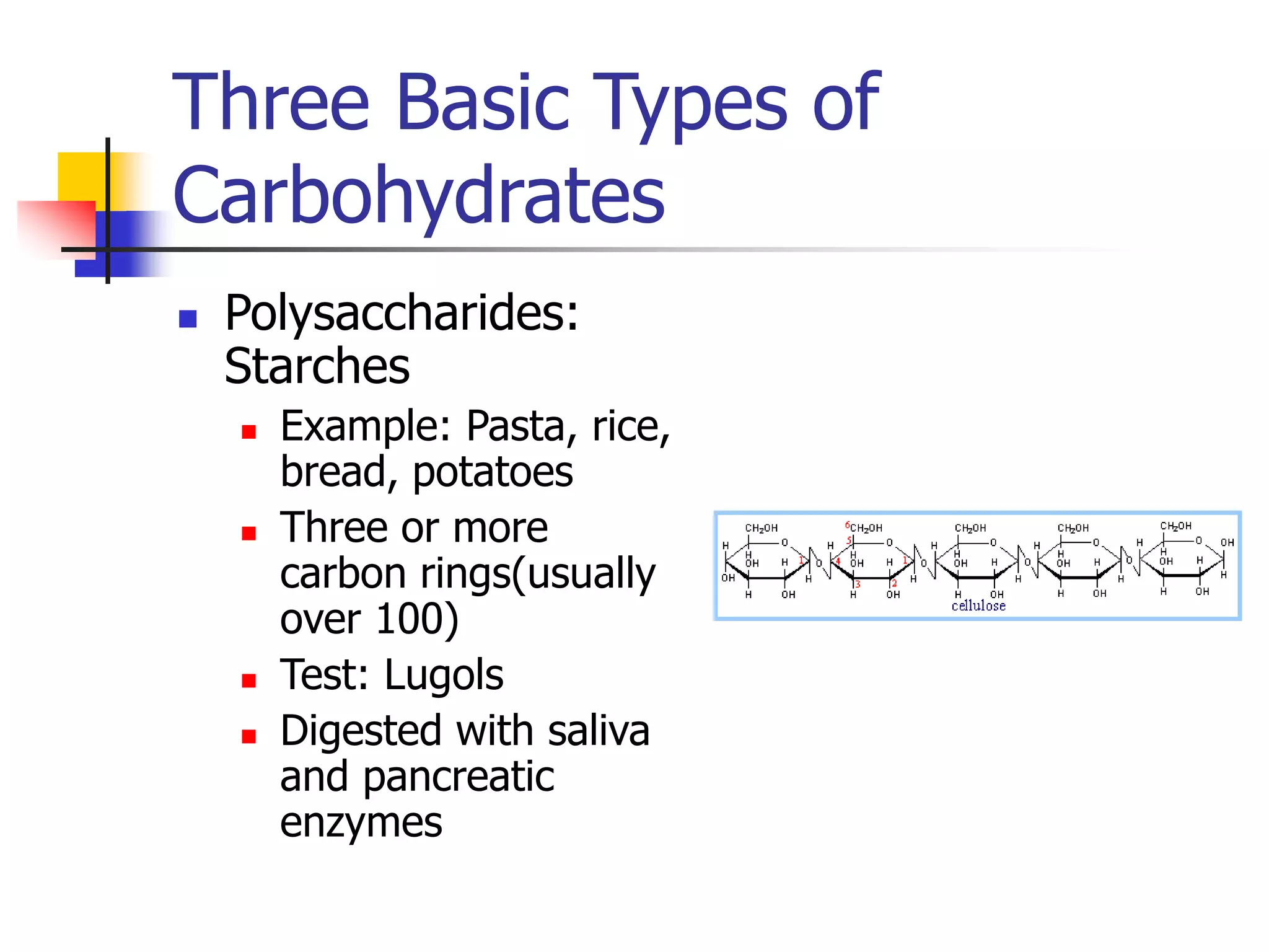 Three Basic Types of
Carbohydrates
 Polysaccharides:
Starches
 Example: Pasta, rice,
bread, potatoes
 Three or more
carbon rings(usually
over 100)
 Test: Lugols
 Digested with saliva
and pancreatic
enzymes
 