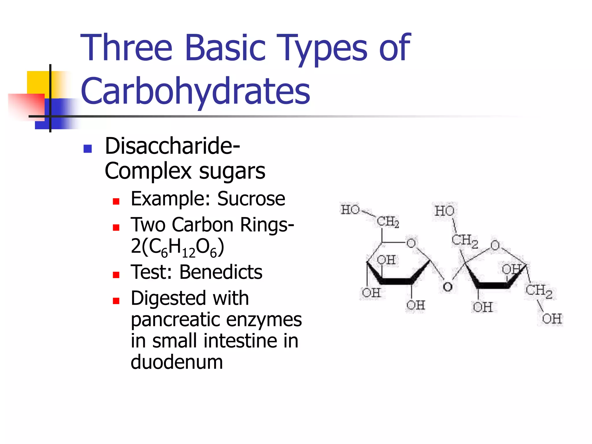 Three Basic Types of
Carbohydrates
 Disaccharide-
Complex sugars
 Example: Sucrose
 Two Carbon Rings-
2(C6H12O6)
 Test: Benedicts
 Digested with
pancreatic enzymes
in small intestine in
duodenum
 