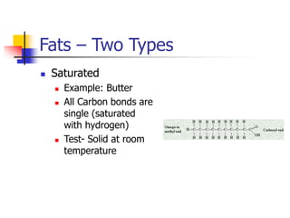 Fats – Two Types
 Saturated
 Example: Butter
 All Carbon bonds are
single (saturated
with hydrogen)
 Test- Solid at room
temperature
 