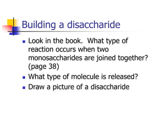 Building a disaccharide
 Look in the book. What type of
reaction occurs when two
monosaccharides are joined together?
(page 38)
 What type of molecule is released?
 Draw a picture of a disaccharide
 